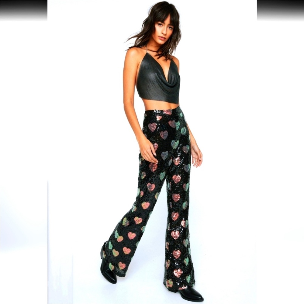Nasty Gal Black Sequin Heart Wide Leg Pants